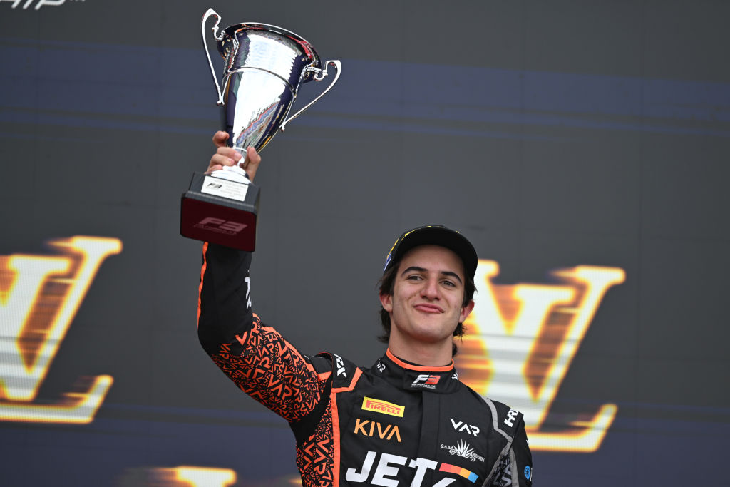 MELBOURNE, AUSTRALIA - MARCH 15: Race winner Santiago Ramos of Mexico and Van Amersfoort Racing (21) on the podium with his trophy during the Round 1 Melbourne Sprint race of the Formula 3 Championship at Albert Park Circuit on March 15, 2025 in Melbourne, Australia. (Photo by Pauline Ballet - Formula 1/Formula Motorsport Limited via Getty Images)