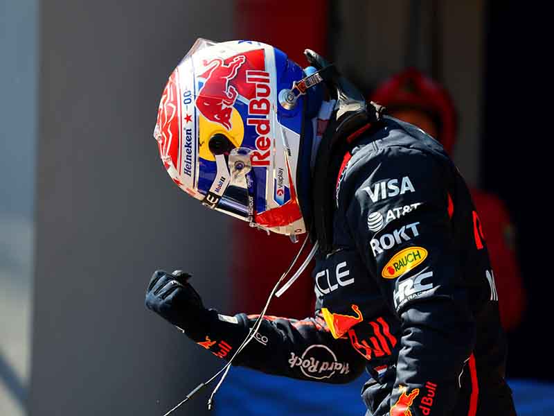 IMOLA, ITALY - MAY 18: Race winner Max Verstappen of the Netherlands and Oracle Red Bull Racing celebrates on arrival in parc ferme during the F1 Grand Prix of Emilia-Romagna at Autodromo Internazionale Enzo e Dino Ferrari on May 18, 2025 in Imola, Italy. (Photo by Clive Rose/Getty Images)